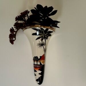 Noritake Japanese Ceramic Wall Pocket Vase Desert Scene Camel Palm Tree Gold Rim
